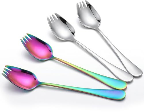 Elegaperma 4Pcs 6.5 in Long Handle Food-Grade Metal Sporks with Knife Edge | Stainless Steel Sporks for Camping,Hiking,Office Lunch and Salad - Kitchen Spork Knife for Dessert,Ice Cream,Noodle,Spaghetti