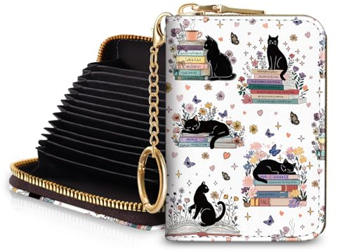 Blusabaca Porte-cartes RFID pour femme, petit portefeuille pour cartes de crédit avec porte-clés amovible et fermeture éclair, porte-cartes en cuir, portefeuille accordéon, Black Cat Book Lover