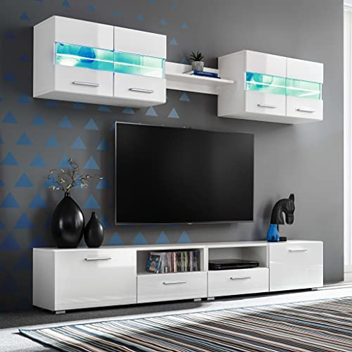 XHNIFBN 5-TLG. TV-Wohnwand Set Hochglanz Weiß 70x30x40 cm Modernes Design mit LED Lowboard TV Schrank Sideboard für Wohnzimmer Schlafzimmer