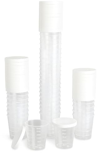 SLIAXINT 50 st minimuggar med lock, 30 ml med mängdskala, minimugg med lock, måttbägare liten 30 ml plast, doseringskopp exakt skaldosering för laboratoriehushåll, medicinsk blandningskopp