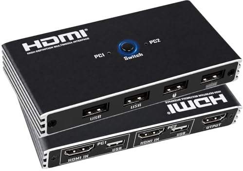 HDMI KVM Switch 2 PC 1 Monitor 4K 60Hz KVM-Schalter USB-A für Win/Mac/Linux | IR-Fernbedienung Plug&Play USB 2.0 Ports kompatibel mit Windows/Mac/Linux, ideal für Gaming & Homeoffice, stabil & langlebig