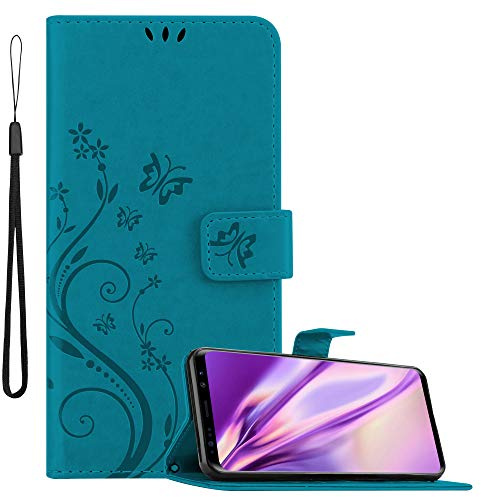Cadorabo Hülle kompatibel mit Samsung Galaxy S9 Plus Blumen Design aus Kunst Leder Flip Klappbare Stoßfeste Magnetische [Standfunktion] [Kartenfächern] Cover Hülle für Galaxy S9 Plus Tasche in Blau