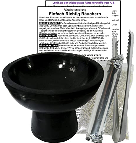 Räucherkelch NATURSTEIN schwarz Räuchergefäß ca. 850g - 12cm Räucherschale zum Räuchern & Ausräuchern für Räucherwerk & Weihrauch. 5 x ZUBEHÖR mit Zange + Sand + Räucherkohle. 81001-S11