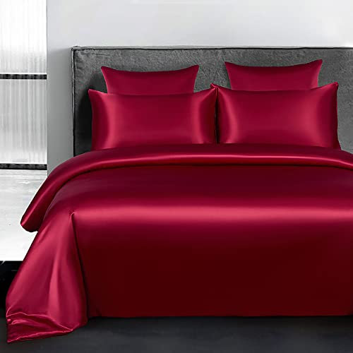 Omela Bettwäsche Satin 220x240 Weinrot Einfarbig Glatt Glänzend Bettbezug mit Reißverschluss 3 Teilig 100% Glanzsatin Polyester Sommerbettwäsche Set Kissenbezüge 80x80 cm