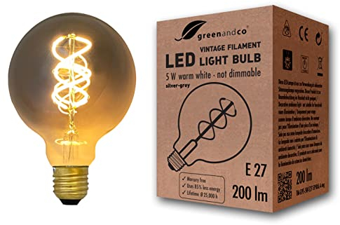 greenandco Vintage Glühfaden LED Kerze | silbergrau | E27 G95 | 5W 200lm | 1800K extra warmweiß | 360° | 230V | flimmerfrei | nicht dimmbar