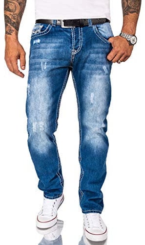 Rock Creek Herren Jeans Hose Comfort Fit Dicke Nähte Jeans Herrenjeans Herrenhose Denim Stonewashed Basic Weites Bein Raw RC-2268 Blau W34 L32