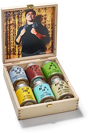 Roland Trettl´s 6 Lieblingsgewürze in schöner Holzbox I Gewürze Geschenkset für Mann und Frau I 6 x Reingewürze & Gewürzmischungen in 170 ml Weißblechdosen I LIMITED EDITION