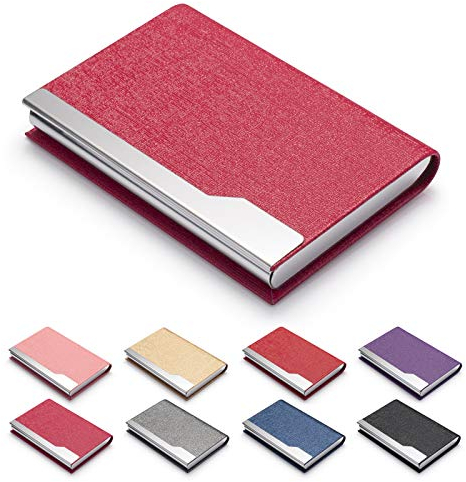 FACATH Étui porte-cartes de visite - Porte-cartes nominatif en cuir PU de luxe et étui multi-cartes en acier inoxydable, portefeuille mince en métal avec porte-cartes de poche (rose rouge)
