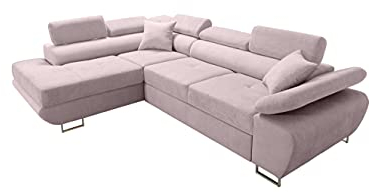 Robin Saturn Premium Ecksofa Schlaffunktion Bettkasten Verstellbare Kopfstützen Kissen Sofa L-Form Schlafsofa Freistehende Eckcouch Schlafcouch Wohnzimmermöbel Wohnlandschaft Links Flamingo