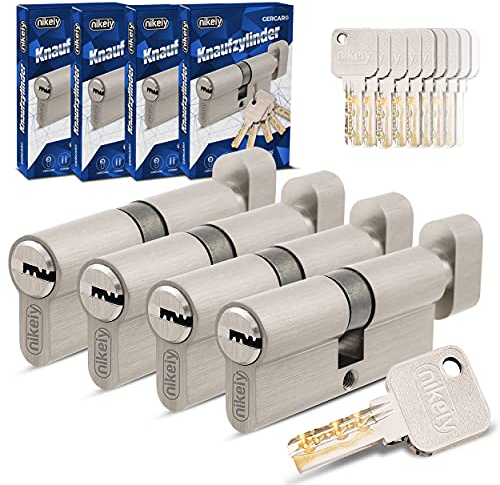 GERCAR Pro Gleichschließend 4 Knaufzylinder 40/40 Set 4x Schließzylinder mit Knauf inkl. 20 Schlüssel - 80 mm Türschloss Zylinderschloss 4er Zylinder - Länge: 80mm, A:40 B:40 - Messing matt massiv