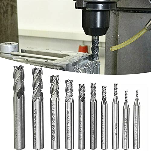 Lot de 10 fraises à queue à 4 rainures - Fraises en acier CNC - Tige cylindrique - 4 tranchants - Outil pour fraisage de types de métaux - 1,5 à 10 mm