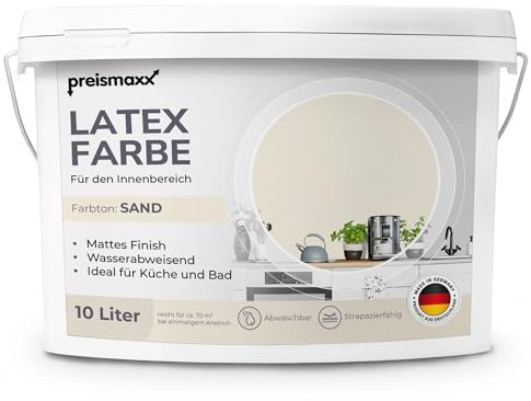Preismaxx Latexfarbe Sandgelb abwaschbar hohe Deckkraft Wandfarbe matt 10l | Abwischbar Küche, Bad, Flur, Treppenhaus Kinderzimmer, strapazierfähig, flecken entfernen leicht zu reinigen hohe Deckkraft