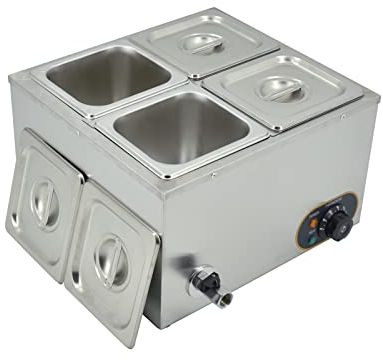 Commercial Bain Marie,1500W Electric Food Warmer Stainless Steel Steam Table Temperature Control with Lids, Drain Tap, GN 1/6 x4 Containers -150mm x4