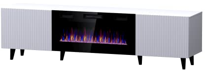 BIM Furniture Armadio per TV Pafos, 180 cm, con camino elettrico fresato, pannello frontale in MDF di alta qualità, mobile TV, credenza Hi-Fi, tavolo per TV, gambe scandinave (bianco opaco)