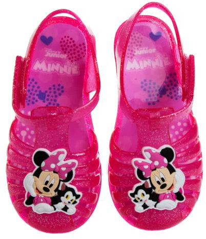 Disney Minnie Mouse Shoes - Girls Jelly Sandals - Mary Jane Flats Kids Baby Character Dress Costume Ballet Summer Slides Clear Beach Water Slip On - Pink Glitter (Size 9 Toddler)