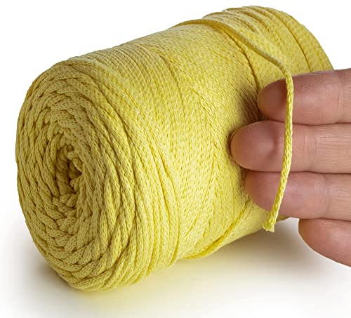 MeriWoolArt® Makramee Garn 2 mm x 250 m Baumwollkordel, recyceltes weiches Baumwollgarn für das Stricken von Pflanzenhängern, Schmuckherstellung, Häkeltaschen, (Gelb, 2mm)