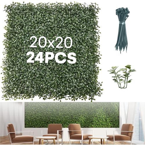 flybold Künstliche Gras-Wandpaneele für Gartendekoration, 50,8 x 50,8 cm, 24 Stück, künstlicher Buchsbaum-Hintergrund mit UV-Schutz für den Innen- und Außenbereich, grüner Blätterzaun-Sichtschutz