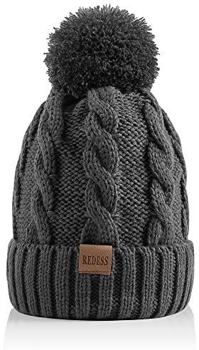REDESS Damen Winter Bommel Beanie Mütze mit warmem Fleece gefüttert, Dicker Slouchy Snow Knit Skull Ski Cap