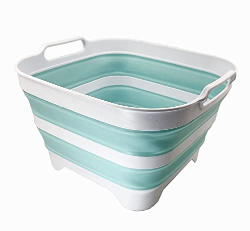 SAMMART 10L Collapsible Plastic Dishpan with Draining Plug - Portable Washing Tub/Basin - Foldable Tub - Space Saving Kitchen Storage (White/Lake Green/White)