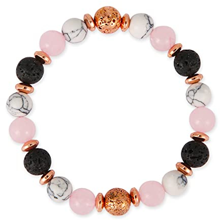 LUTER Armbänder Gegen Angst für Frauen, Zebra-Perlen Naturstein Handgefertigt Elastische Kristallperlen Beruhigendes Heilarmband mit goldenem Glitzerschmuck (Rosa Kristall, Weißkiefer)