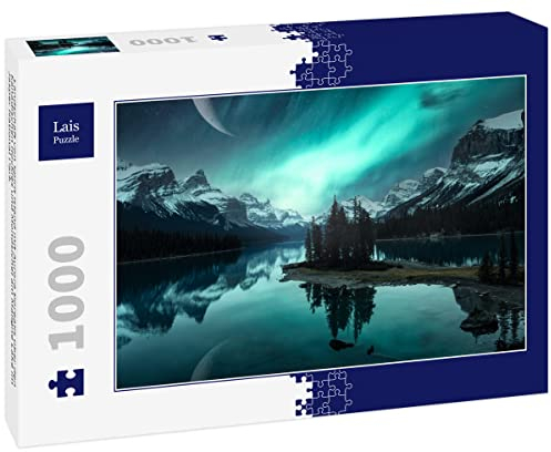 Lais Puzzle Landschaft von Spirit Island mit Aurora Borealis über den kanadischen Rockies und Mondsichel am Maligne Lake im Jasper National Park 1000 Teile