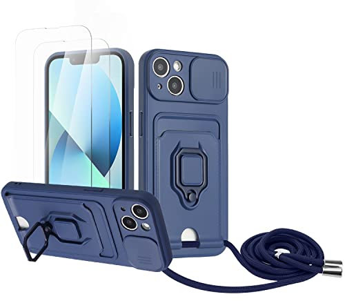 Zallagre Cordon de Coque Compatible avec iPhone 14,[2 Pièces] Verre Trempé,Lentille Coulissante Couverture,360 Degrés Bague Rotatif Support,Fentes pour Cartes-Bleu Marine