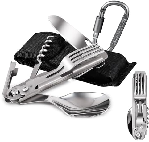 ZIMAIC Camping Cutlery, 5 in 1 Cutlery Set Multitool Portable Stainless Steel Spoon, Fork, Knife & Bottle Opener Combo Set, Outdoor Detachable Tableware Utensil-Travel, Backpacking