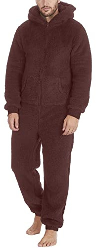 Duohropke Men's Teddy Fleece Onesie Comfortable Leisure Suit Fluffy Pyjamas Plush Jumpsuit Long Pyjamas Loungewear Jumpsuit Warm Fluffy and Cuddly Onesie, brown, M