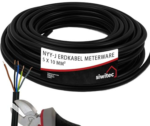 siwitec Erdkabel NYY-J 5x10 mm², Starkstromkabel PVC Erdleitung in schwarz, exakt zugeschnittene Meterware in Profi-Qualität, Länge (aktuelle Auswahl) = 22 Meter