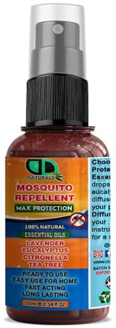 Mosquito Repellent MAX Protection with Lavender, Eucalyptus, Citronella & Tea Tree Essential Oil - Fast Acting- Ready to USE - Body Oil Deet Free (10ml Spray)
