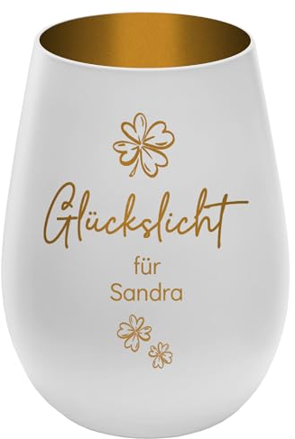 Graviertes Windlicht Glückslicht - personalisierbar mit Wunschtext - Weiss/Gold - Höhe 12 cm - Geschenk Teelichthalter Kerzenglas