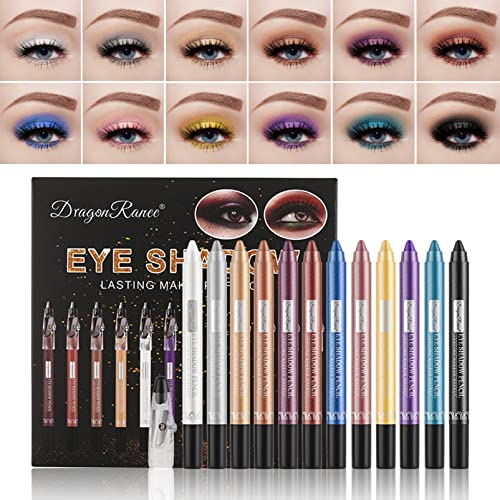 12 Farben Glitzer Lidschatten Stift Set, Dauerhaft Wasserdicht Lidschatten - Matte Lidschatten Stift Set mit Anspitzer - Metallic Glitter Creme Eyeliner Schimmernder Augen Schminke