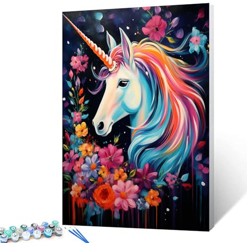 Tucocoo Regenbogen-Einhorn-Malen-nach-Zahlen-Set mit Pinseln und Acryl-Pigmenten auf Leinwand, Gemälde für Erwachsene, abstrakte Blumen, niedliches Tier, Nahaufnahme, Bild für Heimdekoration