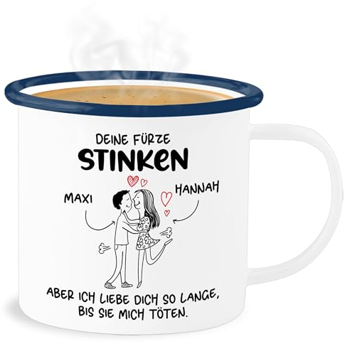 Emaille Becher Blechbecher - Partner Freund & Freundin - Deine Fürze stinken I Paar Geschenke Pärchen Valentinstag - 300 ml - Weiß Blau - liebeserklärung furz tasse für paare pups tassen