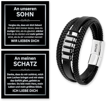 Leder Armband mit Box An meinen Sohn/Mann/Schatz Geschenk mit personalisierter Glückwunschkarte für Männer, Herren, Jugendliche, Jungen zum Geburtstag, Weihnachten (23cm, Silber)