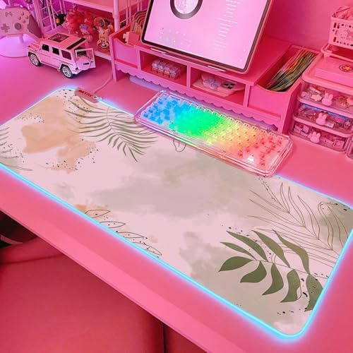 JMIYAV Weiß RGB Gaming Mauspad Led Erweiterte Groß Schwarz Schreibtischunterlage Rutschfester Gummi XL XXL Black Gaming Mousepad Großes Mouse Pad Mouse Mat für Gamer 800x300 mm Leaf
