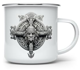 MAXIKIWI Langlebige Emaille-Kaffee- oder Tee-Camping-Tasse für drinnen und draußen, Vikings, 350 ml