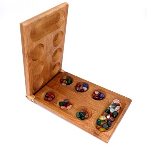 Wooden Mancala Board Game Set Folding Board with Glass Stones Marble Game Travel Board Game for Kids Adults Family (Board Games)