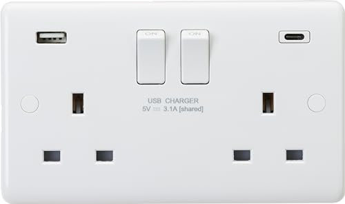 Knightsbridge 13A 2G DP Switched Socket with Dual USB A+C [5V DC 3.1A shared] Max. 15.5W