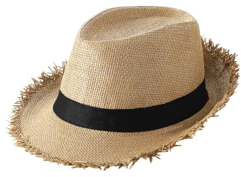 XGOPTS Mens Panama Hat Fedora Trilby Straw Sun Hat Short Brim Jazz Cap Summer Outdoor Casual UV Protection Panama Cap for Beach Holiday Traveling Khaki