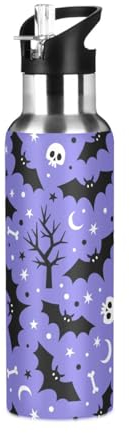 Stainless Steel Water Bottle with Straw, Halloween Bat Insulated Drink Flask Sports Water Bottle for Kids Adults, Leakproof, 600ml