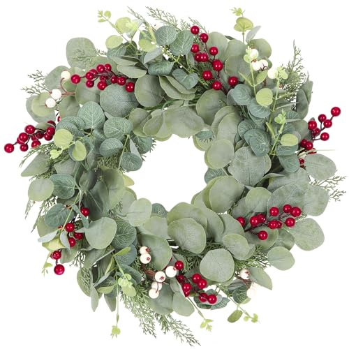 Alupssuc Couronne D'eucalyptus pour Porte D'entrée, 51 cm,Couronne Porte Guirlande, Baies Rouges,Décoration de Couronne de Porte pour Extérieur,Intérieur,Mariage,Maison,Cheminée, Vert