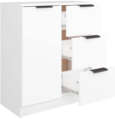 Shally Dogan Credenza in Legno Bianco Cassettiera Consolle 1 Anta e 3 Cassetti Salvaspazio Buffet, Bois d'ingénierie, Blanc, 60 x 30 x 70 cm