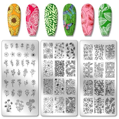 PH PandaHall 3PCS Flowers Leaf Nail Stamping Plates Plant Nail Stamper Butterfly Nails Art Stencils Stainless Steel Nails Image Plates Sunflower Daisy Manicures Stamp for DIY Print Manicure Design