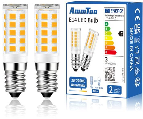 AmmToo E14 LED Lampe warmweiß 2700K, 480 Lumen LED Leuchtmittel 3W entspricht 40W-45W Halogenlampe, Glühbirne, kein Flackern, nicht dimmbar, Enegiesparende kleine Birne
