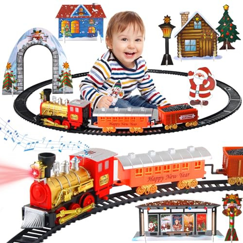 Darryy Este clásico Juego Tren Arbol De Navidad, Tren Eléctrico para Árbol de Navidad, Tren Navidad Arbol, Tren del Árbol de Navidad con Iluminación Realista y Efectos de Sonido, Tres Vagones