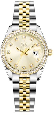 SHENGKE Women's Crystal akzentuiert mit soliden Legierung Stahlband Uhr Elegantes Kleid Quarz Kalender Uhren für Frauen (Silber-Gold)