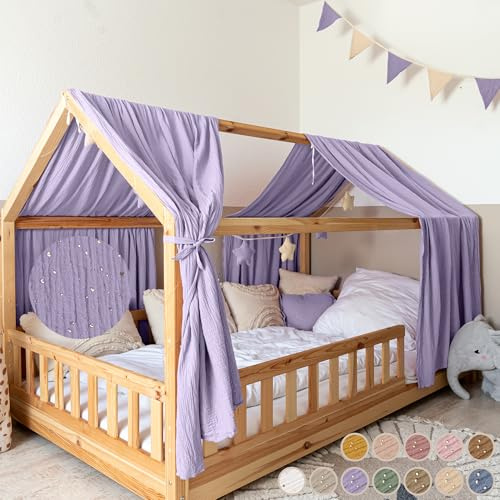 lilimaus Hausbett Himmel mit Gold Applikation [in 12 Farben] Betthimmel | Hausbett aus 100% Baumwolle Musselin - Stoffhimmel für Hausbett Deko Mädchen, Jungen - Himmel für Hausbett Kinderbett Vorhang