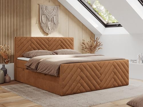 MKS MEBLE Boxspringbett 200x200 mit Bettkasten Matratze H3 - Paris Duo - Orange Strukture