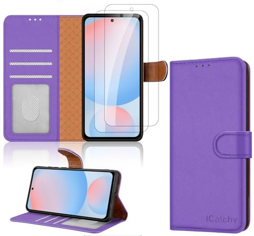iCatchy for Samsung A56 5G Case with 2x Screen Protector Leather Magnetic Flip Cover Card Holder Kickstand Feature Full Protection Phone Cover Compatible with Galaxy A56 (Lilac)